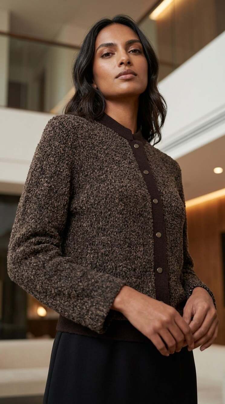 Irene Pearls of California Cardigan Size 38 Brown Textured Knit